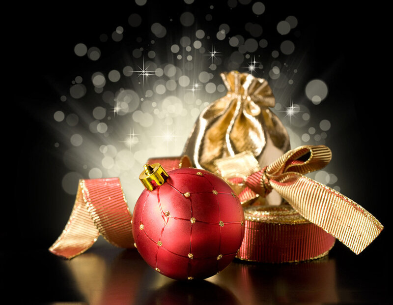 Red Ornament with Gift Bag — Festive, Night, Photograph