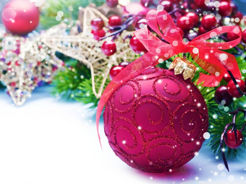 Red Ornament with Ribbon — Festive, Winter, Photograph, Berries, Star