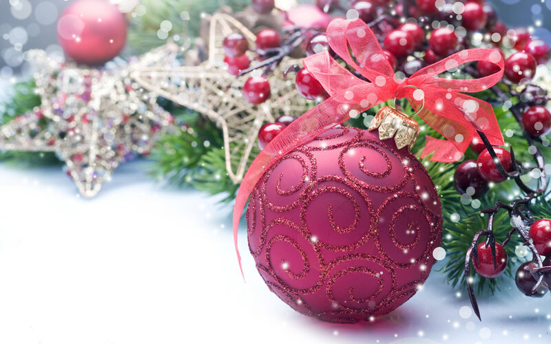 Red Ornament with Ribbon — Festive, Winter, Photograph, Berries