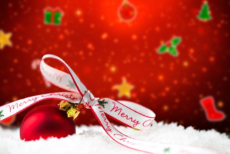 Red Ornament with Ribbon — Festive, Winter, Photograph, Snow, Background