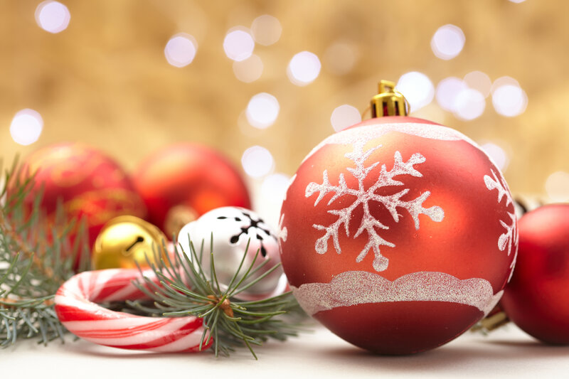 Red Ornament with Snowflake — Festive, Winter, Photograph, Candy Cane