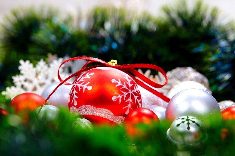Red Ornament with Snowflakes — Festive, Winter, Photograph, Ornaments, Greenery