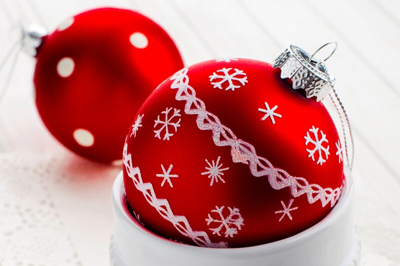Red Ornament with Snowflakes — Festive, Winter, Photograph, Polka Dots