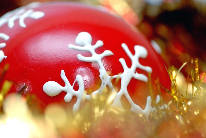 Red Ornament with Snowflakes — Festive, Winter, Photograph, Tinsel