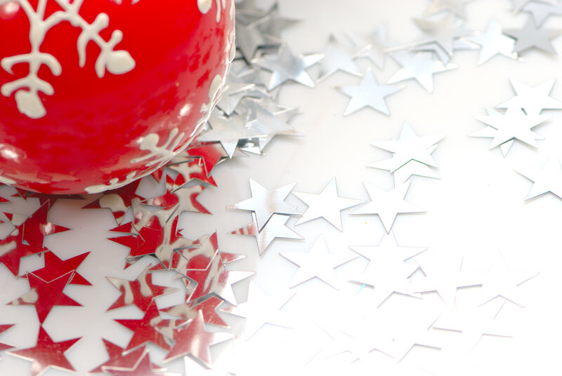 Red Ornament with Stars — Festive, Winter, Photograph, Confetti