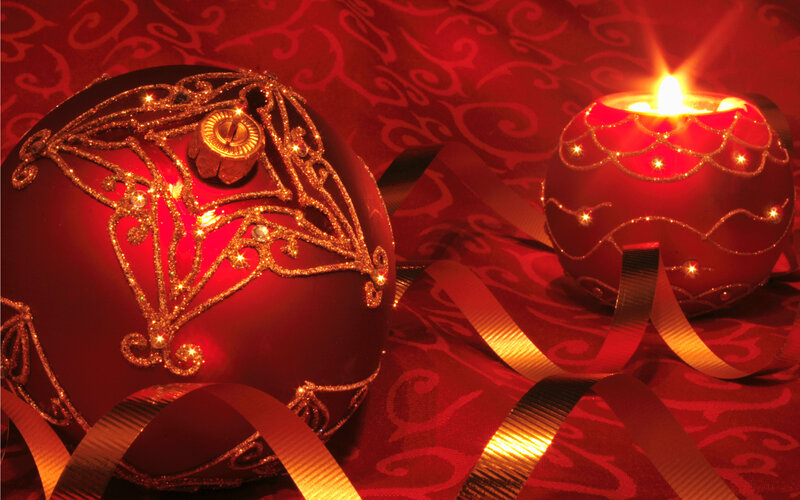 Red Ornaments and Candle — Festive