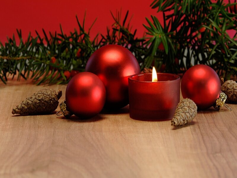 Red Ornaments and Candle