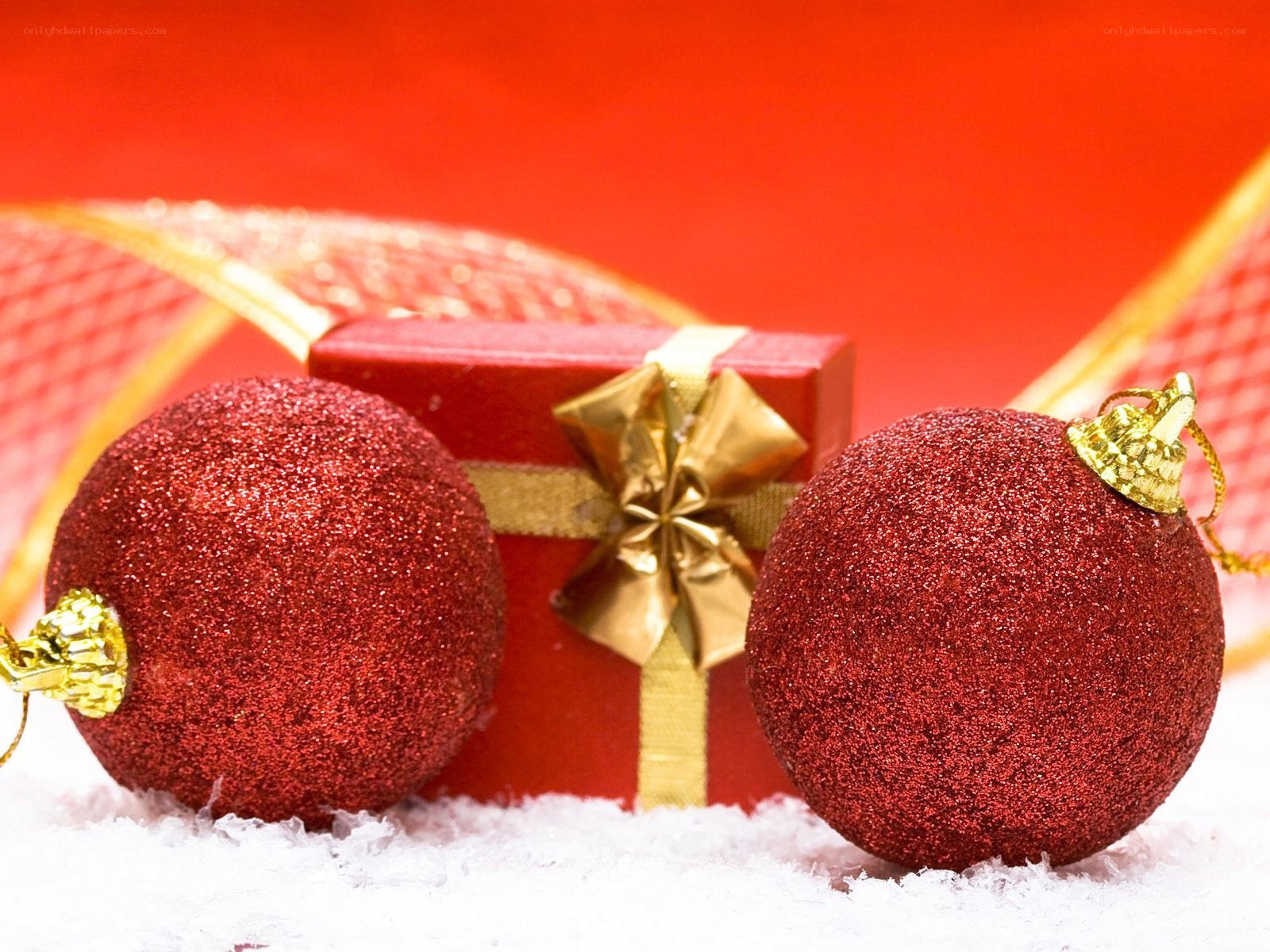 Red ornaments and gift box