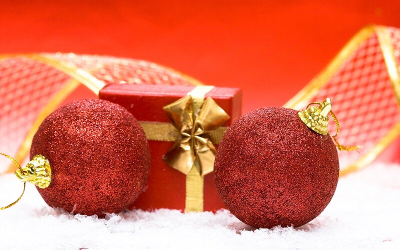 Red Ornaments and Gift Box — Festive