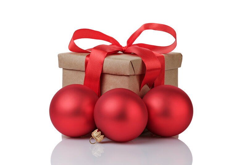 Red Ornaments and Gift Box — Festive, Winter, Photograph