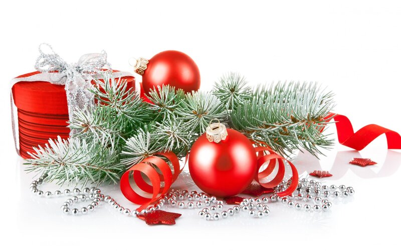 Red Ornaments and Pine Branches — Festive
