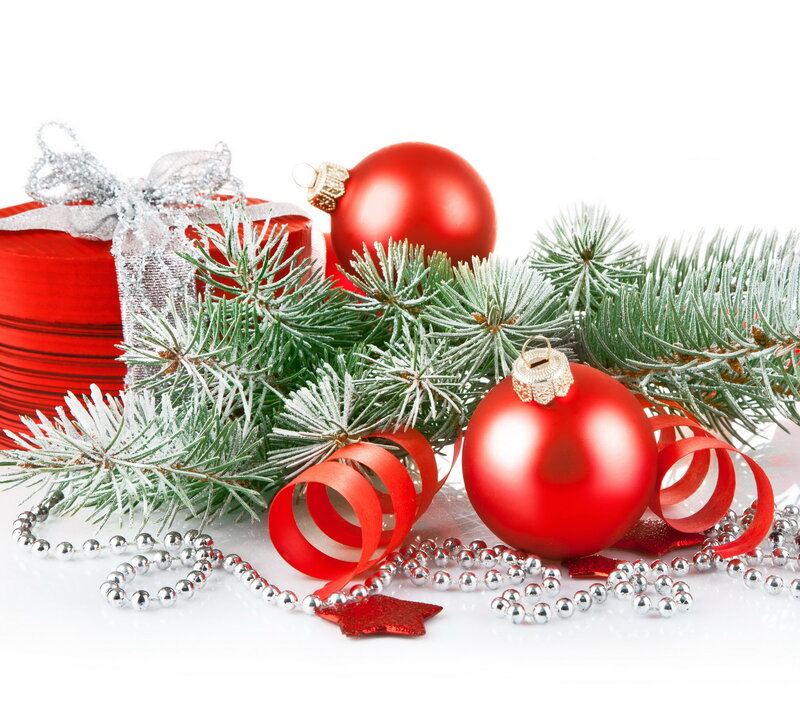 Red Ornaments and Pine Branches