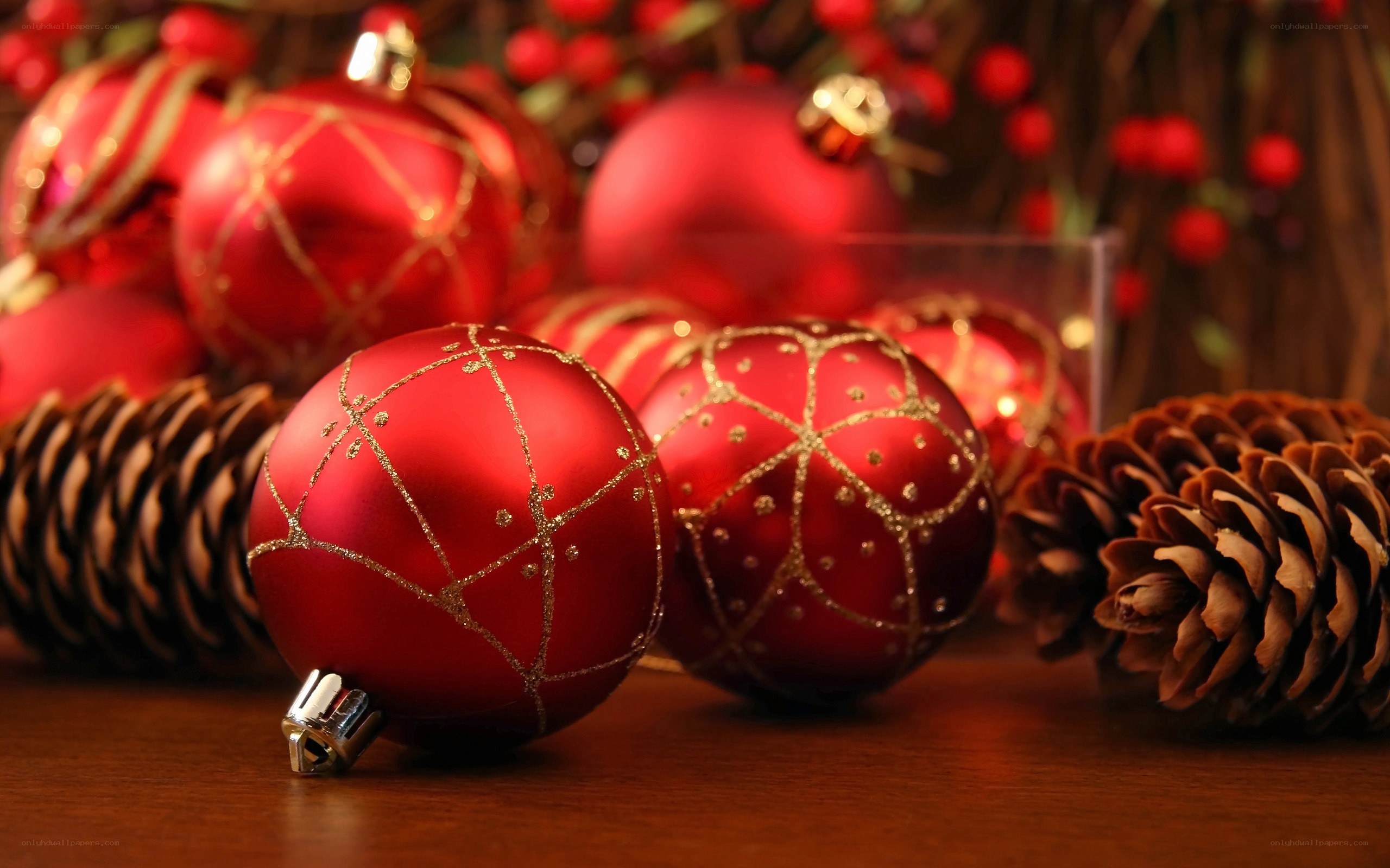 Red ornaments and pinecones