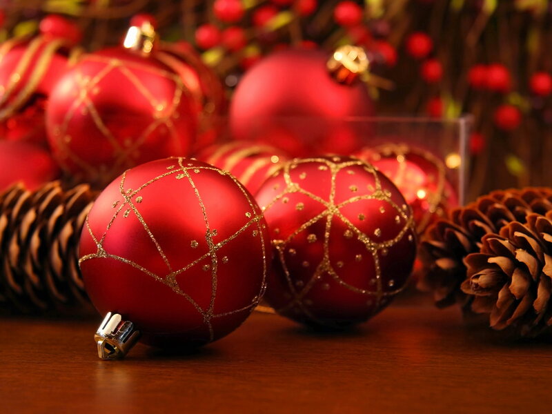 Red Ornaments and Pinecones — Festive, Winter, Photograph