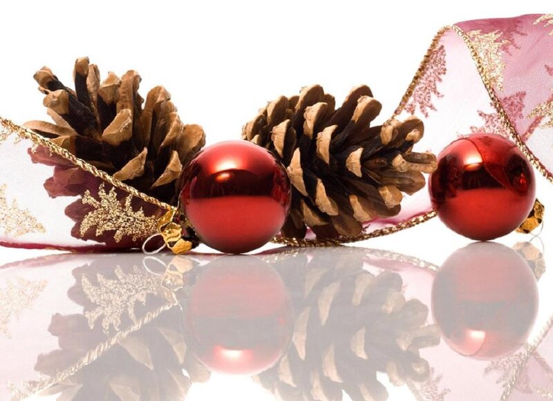 Red Ornaments and Pinecones — Festive, Winter
