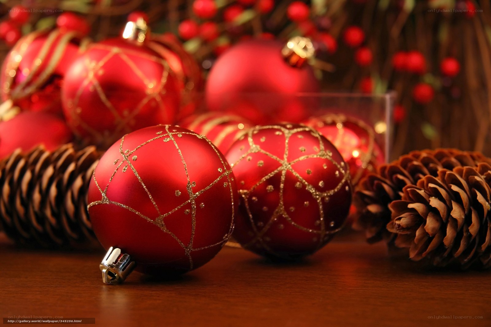 Red ornaments and pinecones