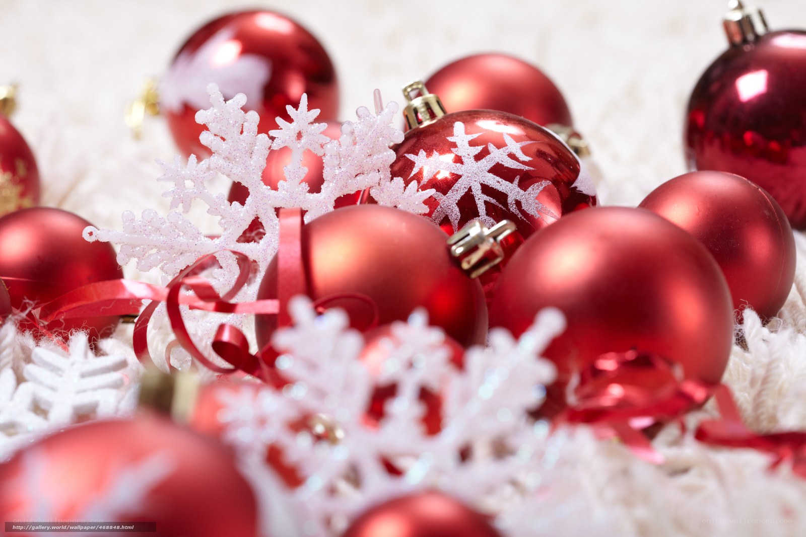 Red ornaments and snowflakes