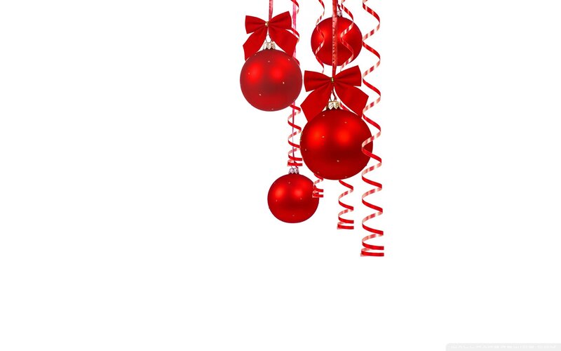 Red Ornaments Hanging — Festive, Photograph, Bows