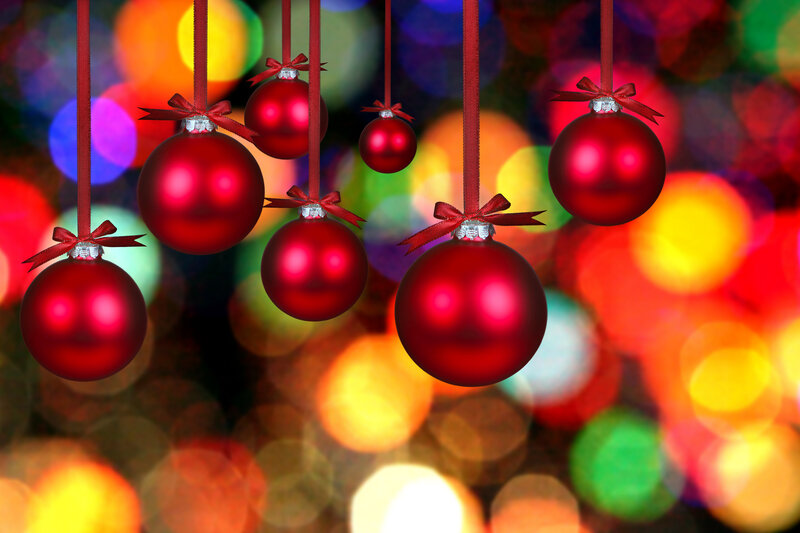 Red Ornaments Hanging — Festive, Photograph, Ribbons