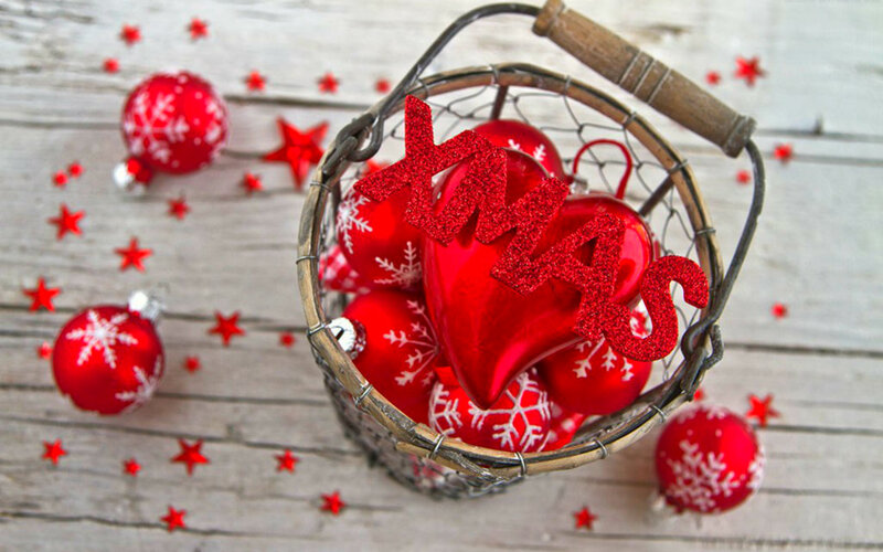 Red Ornaments in Basket — Festive