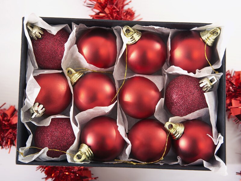 Red Ornaments in Box — Festive, Winter