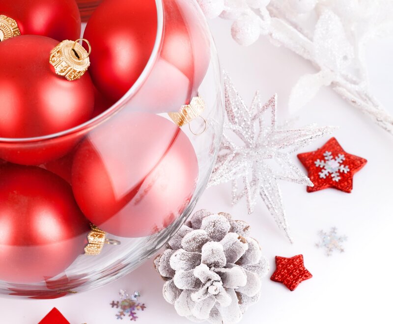 Red Ornaments in Glass Bowl