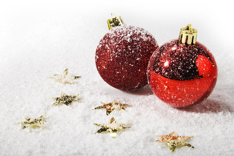 Red Ornaments in Snow — Festive