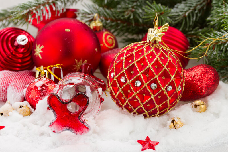 Red Ornaments in Snow — Festive, Winter, Photograph, Christmas Tree