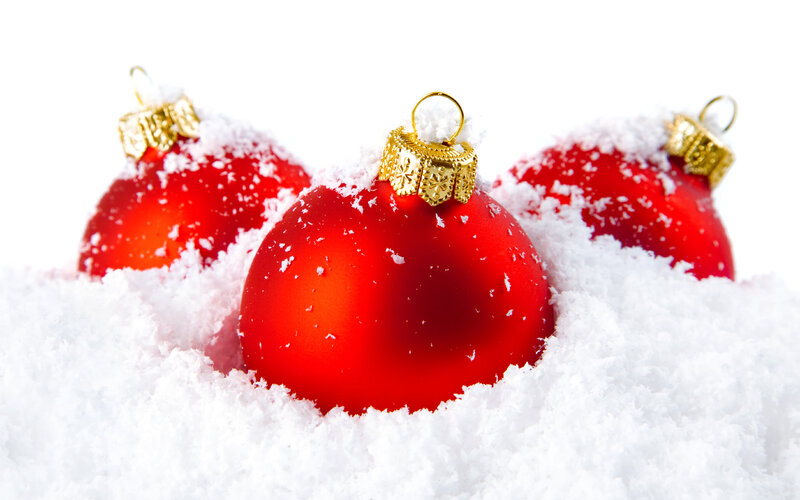Red Ornaments in Snow — Festive, Winter, Photograph, Gold Caps