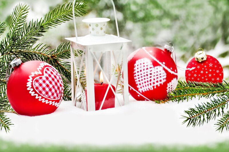 Red Ornaments in Snow — Festive, Winter, Photograph, Lantern