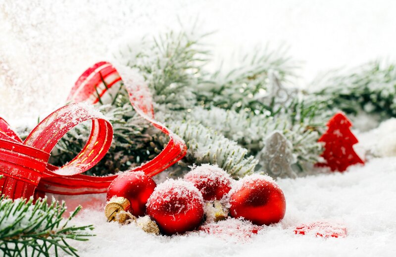 Red Ornaments in Snow — Festive, Winter, Photograph, Pine Branches, Ribbon