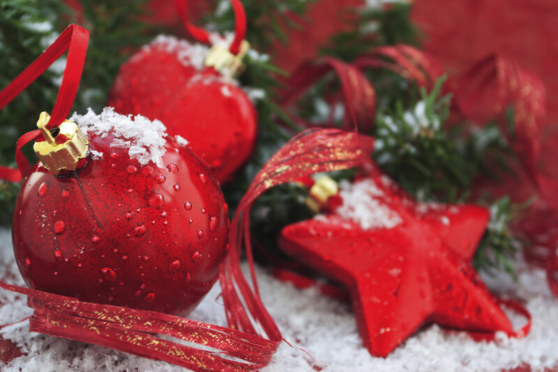 Red Ornaments in Snow — Festive, Winter, Photograph, Pine Branches, Ribbons