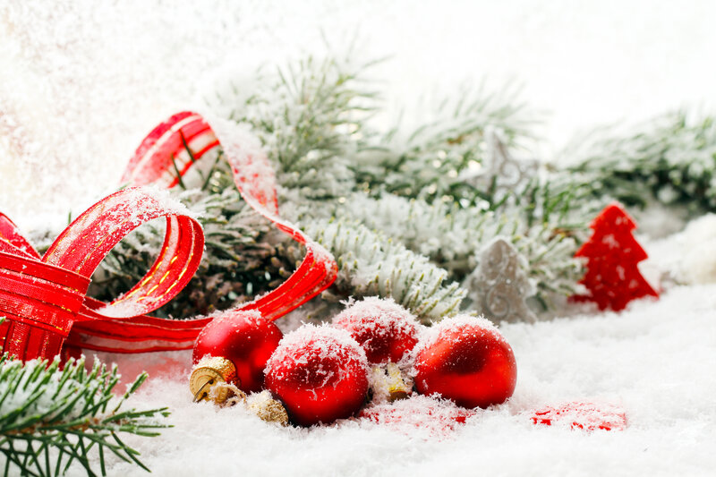 Red Ornaments in Snow — Festive, Winter, Photograph, Pine Branches