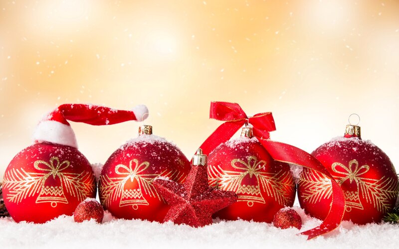 Red Ornaments in Snow — Festive, Winter, Photograph, Santa Hat