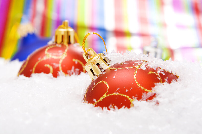 Red Ornaments in Snow — Festive, Winter, Photograph