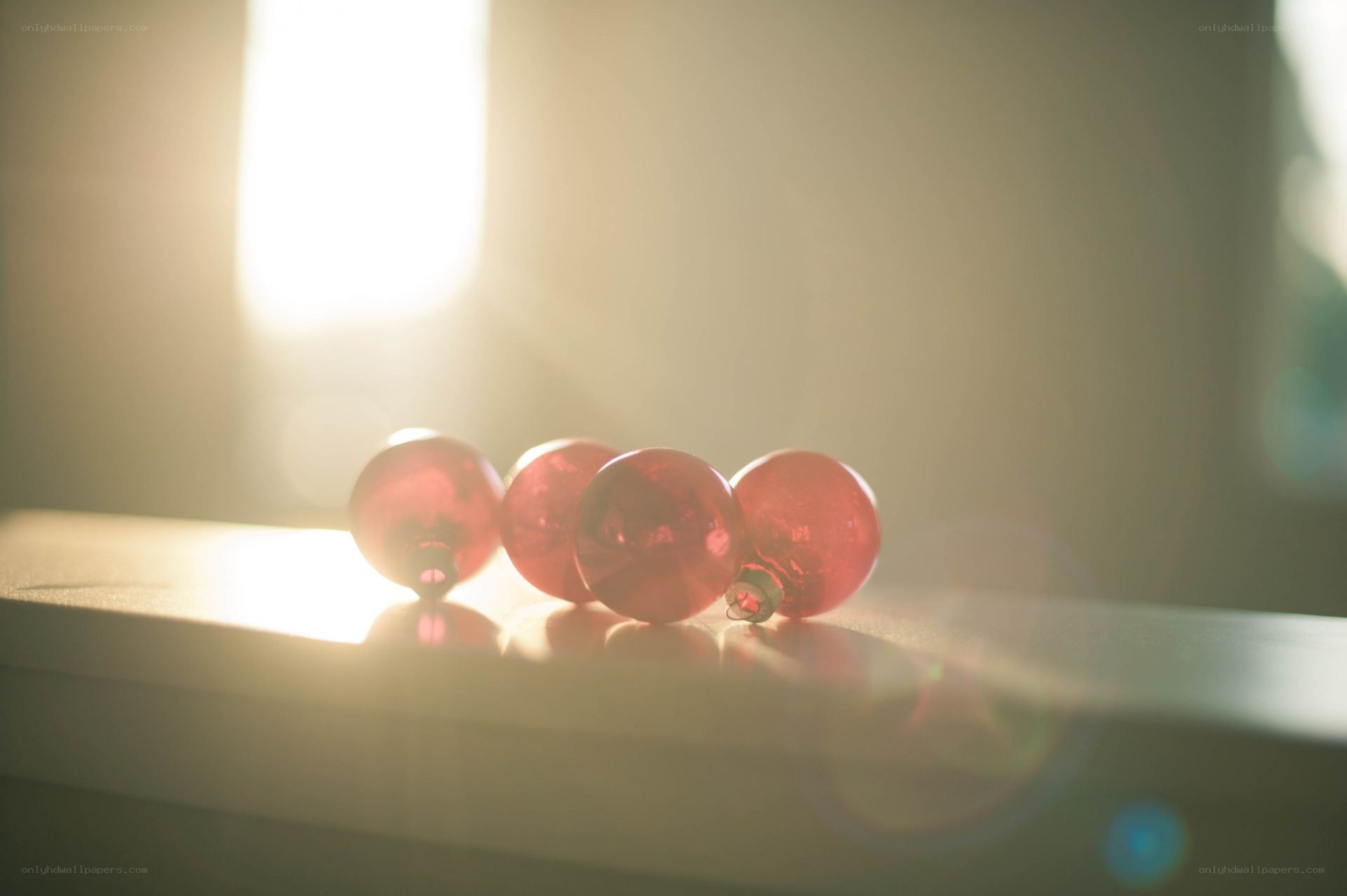 Red ornaments in sunlight