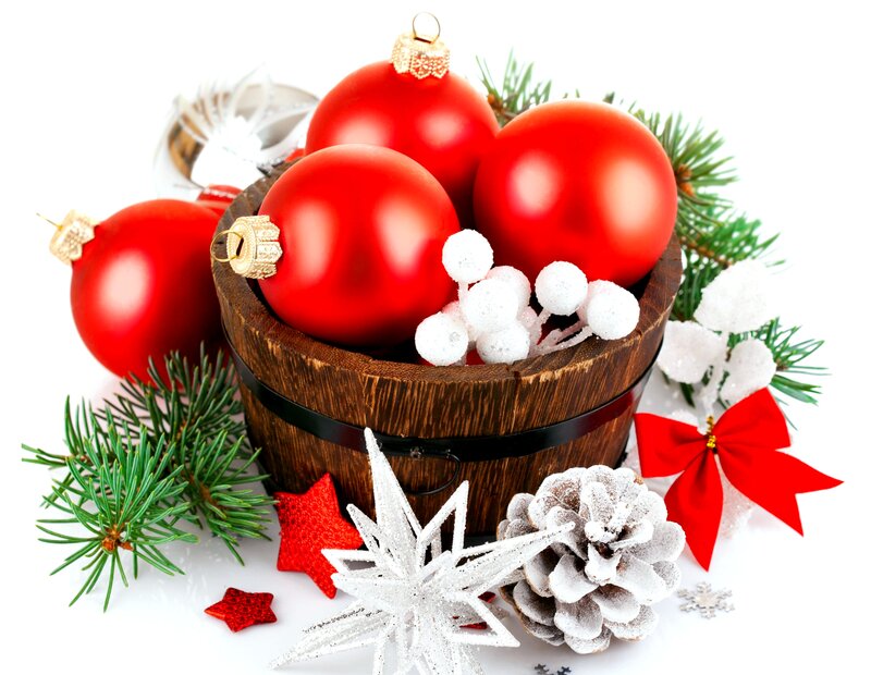 Red Ornaments in Wooden Bucket — Festive