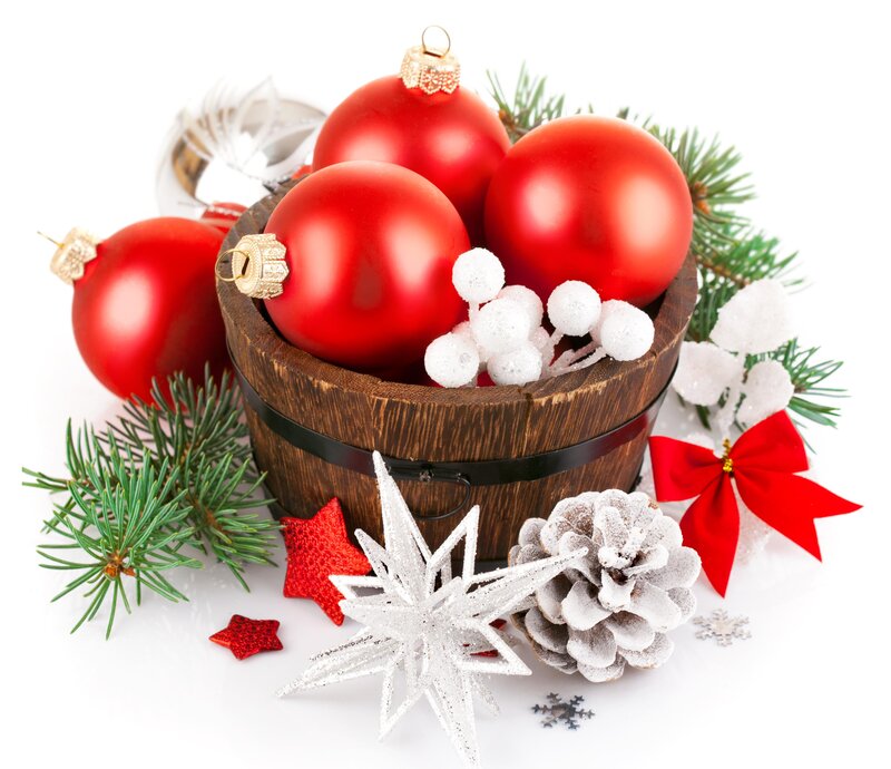 Red Ornaments in Wooden Bucket