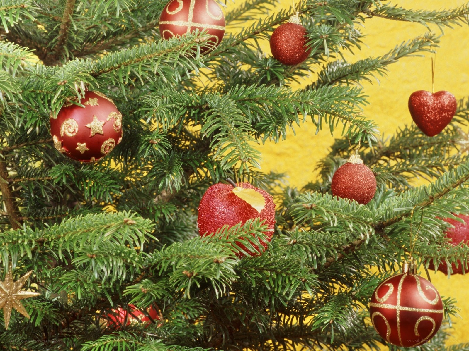 Red ornaments on a Christmas tree