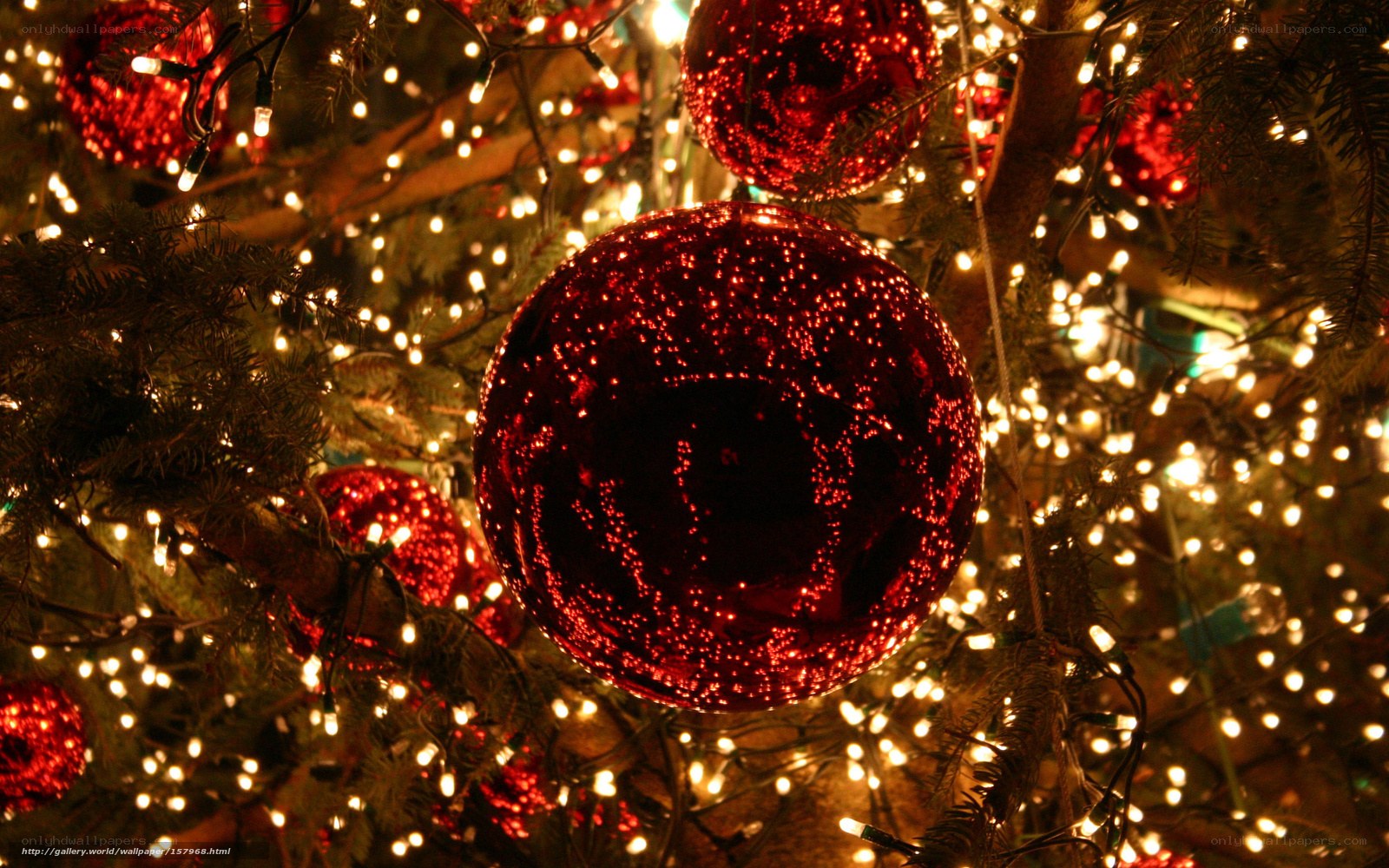 Red ornaments on a lit tree