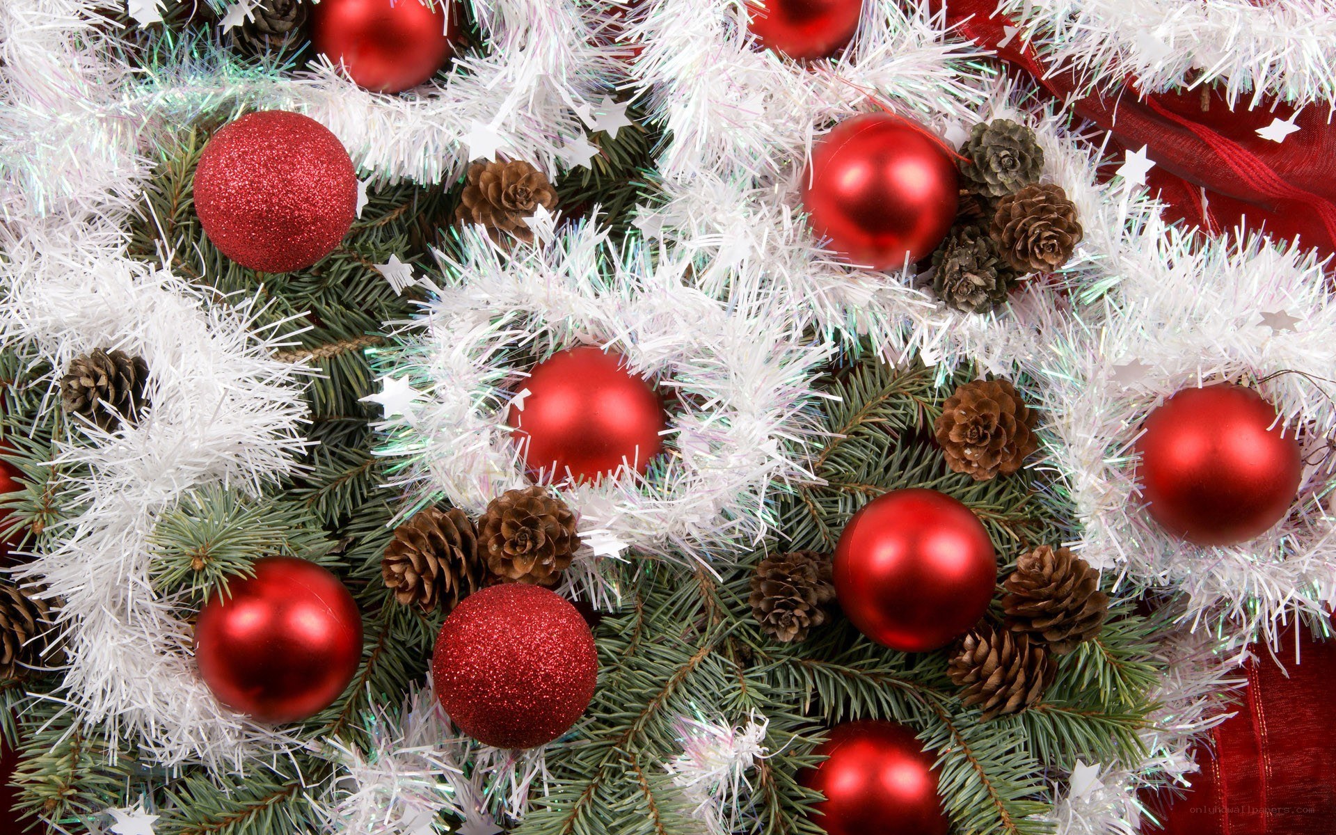 red ornaments on christmas tree