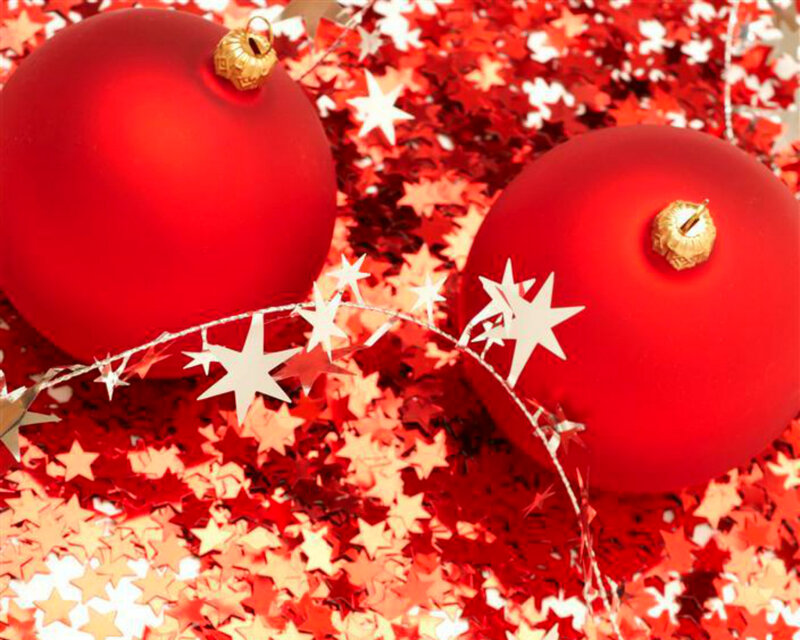 Red Ornaments on Confetti