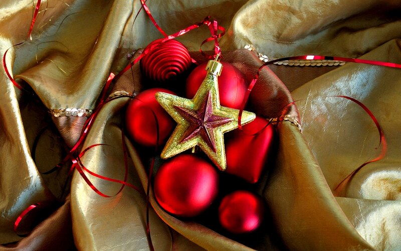 Red Ornaments on Fabric — Festive