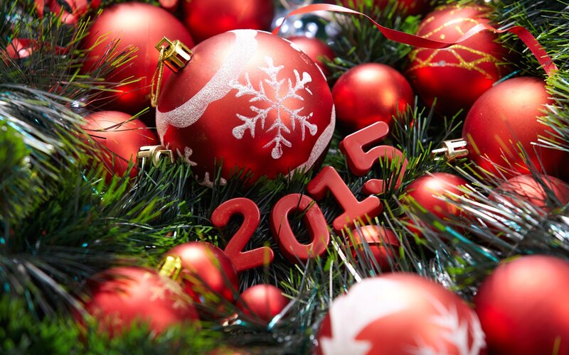 Red Ornaments on Green Branches — Festive
