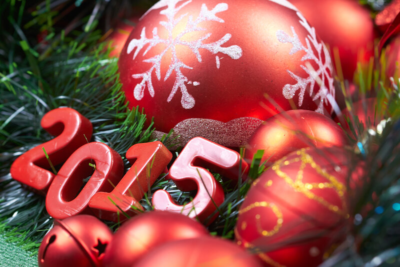 Red Ornaments on Greenery — Festive