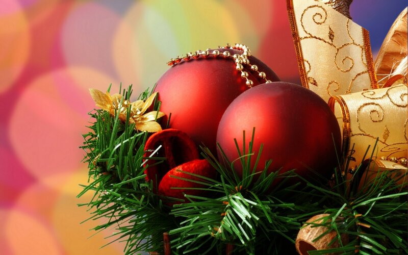 Red Ornaments on Greenery — Festive, Winter, Photograph