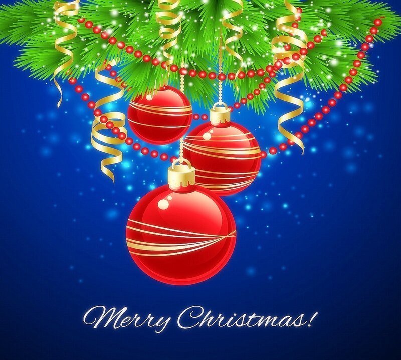 Red Ornaments on Pine — Blue