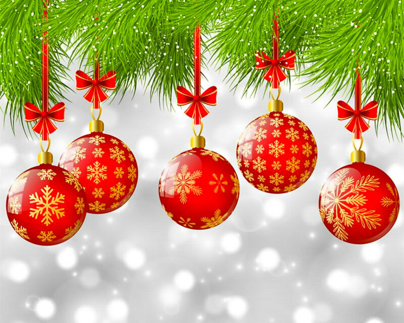 Red Ornaments on Pine Branch — Festive