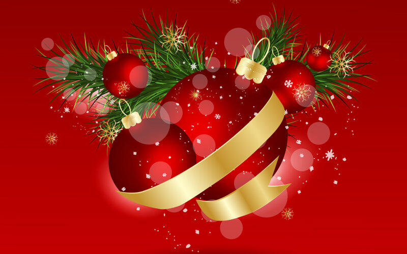 Red Ornaments on Pine Branches — Festive, Winter, Digital Art