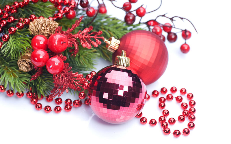 Red Ornaments on Pine Branches — Festive, Winter